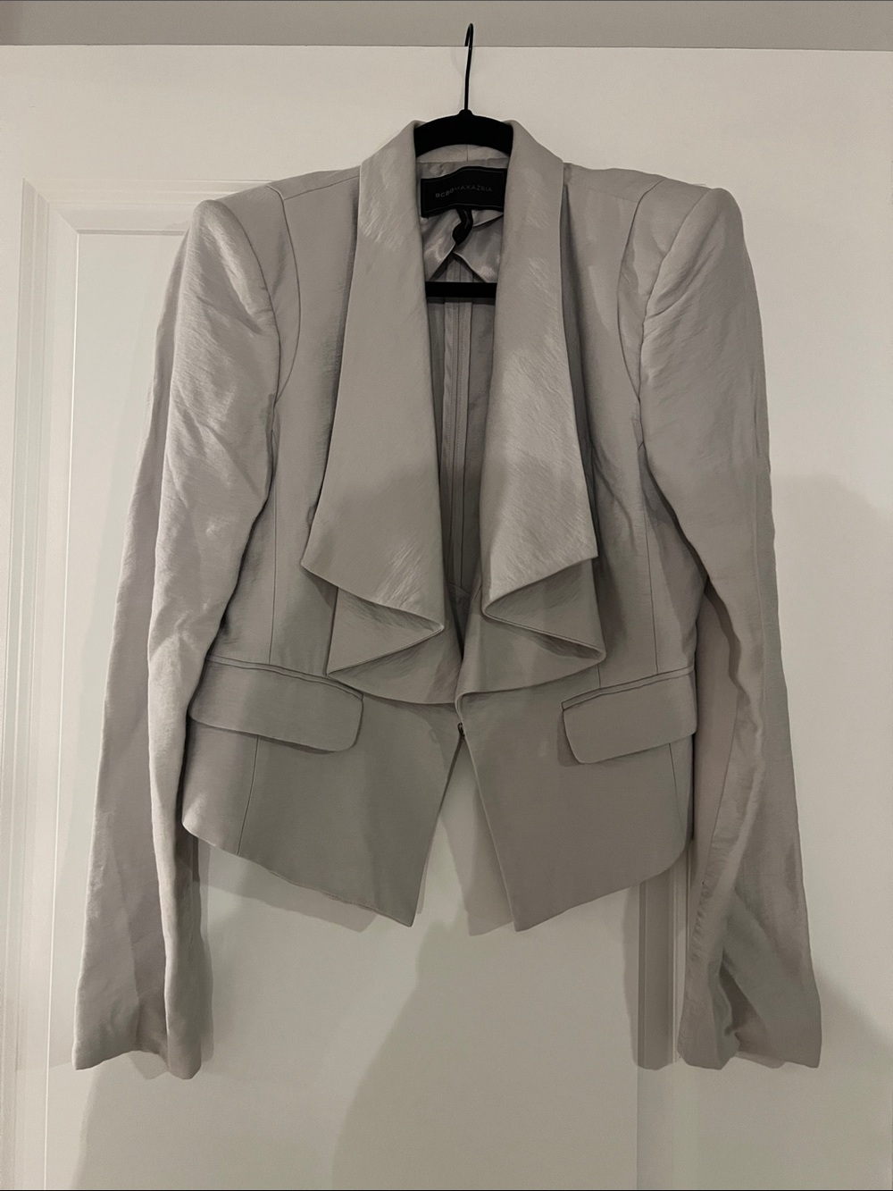 BCBGMaxAzria Light Gray Draped Open-Front Blazer Dramatic Shoulders